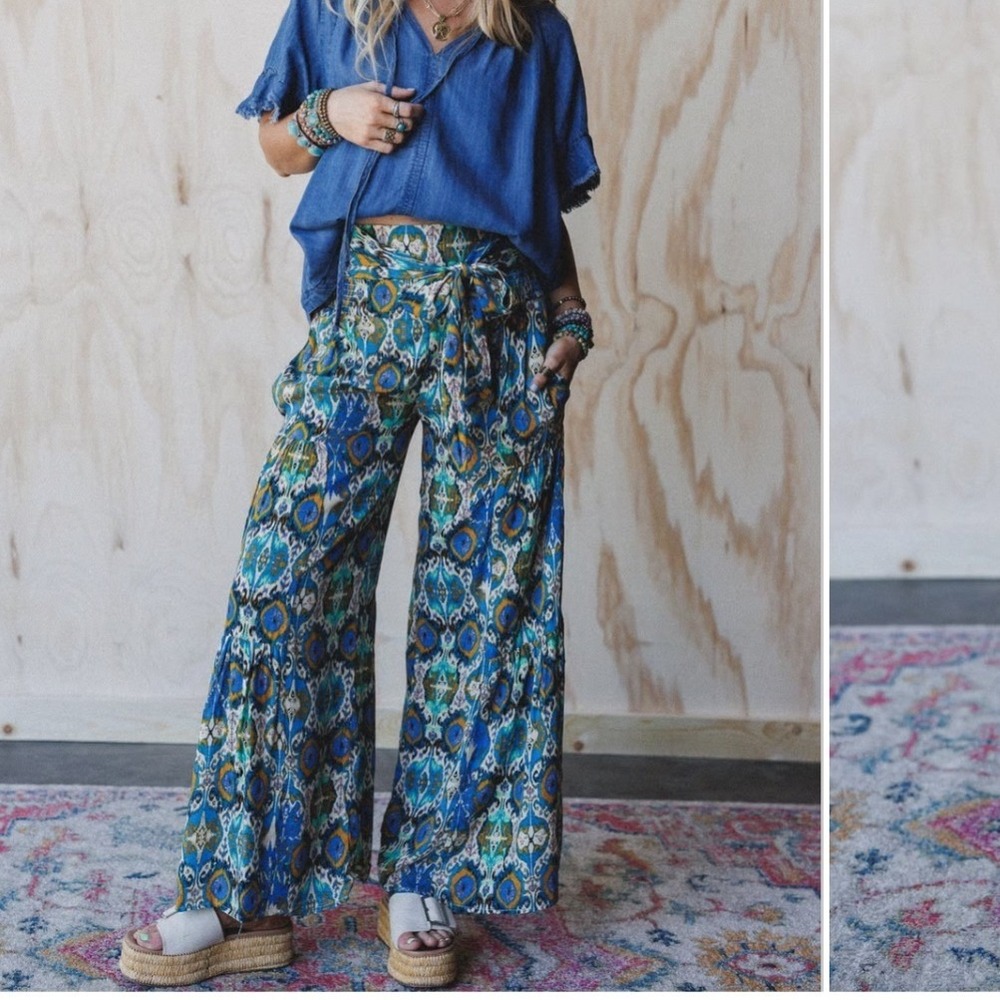 Three Bird Nest Secret Admirer Blue Ikat Printed Wide Leg Pants LG Boho Festival